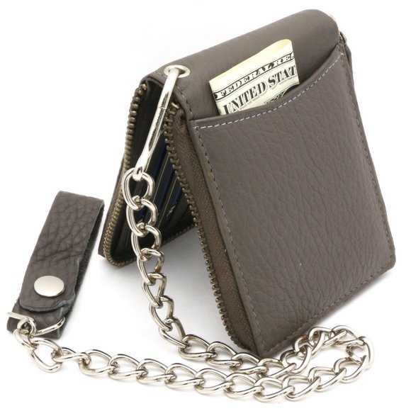 Bifold Genuine Leather Gray Wallet with Chain - Picture 5 of 7